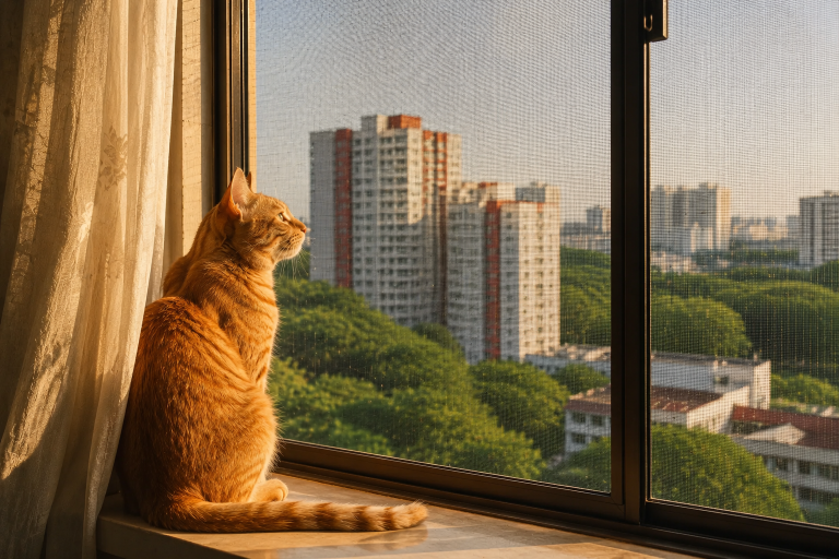 Orange tabby cat sitting on windowsill looking out at Singapore HDB blocks through a cat mesh screen window
