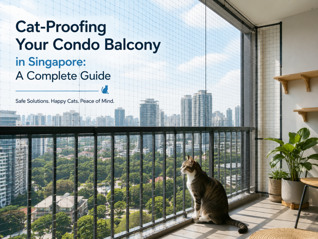 Cat-proofed condo balcony in Singapore with cat mesh safety net, allowing a pet cat to enjoy outdoor views safely.