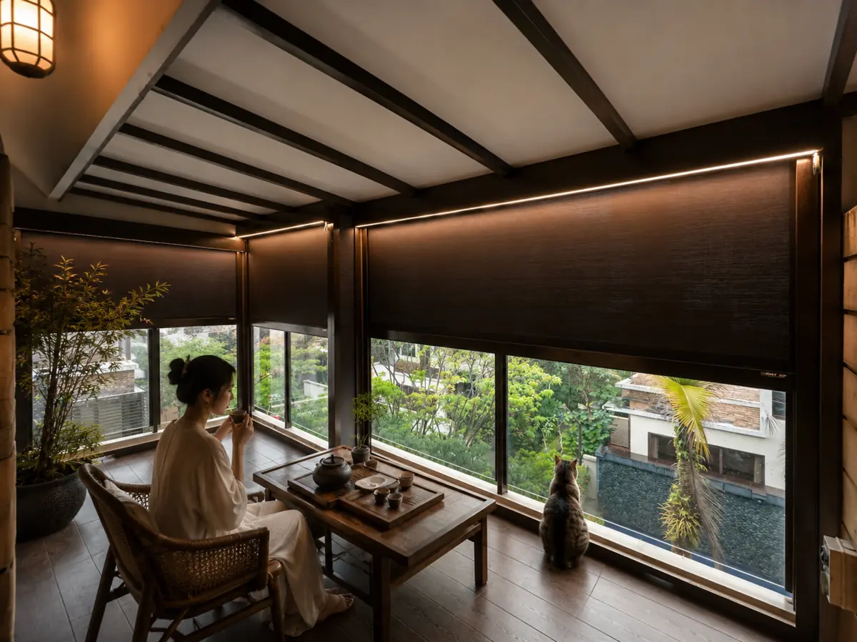 Outdoor zip blinds installed around a sheltered balcony